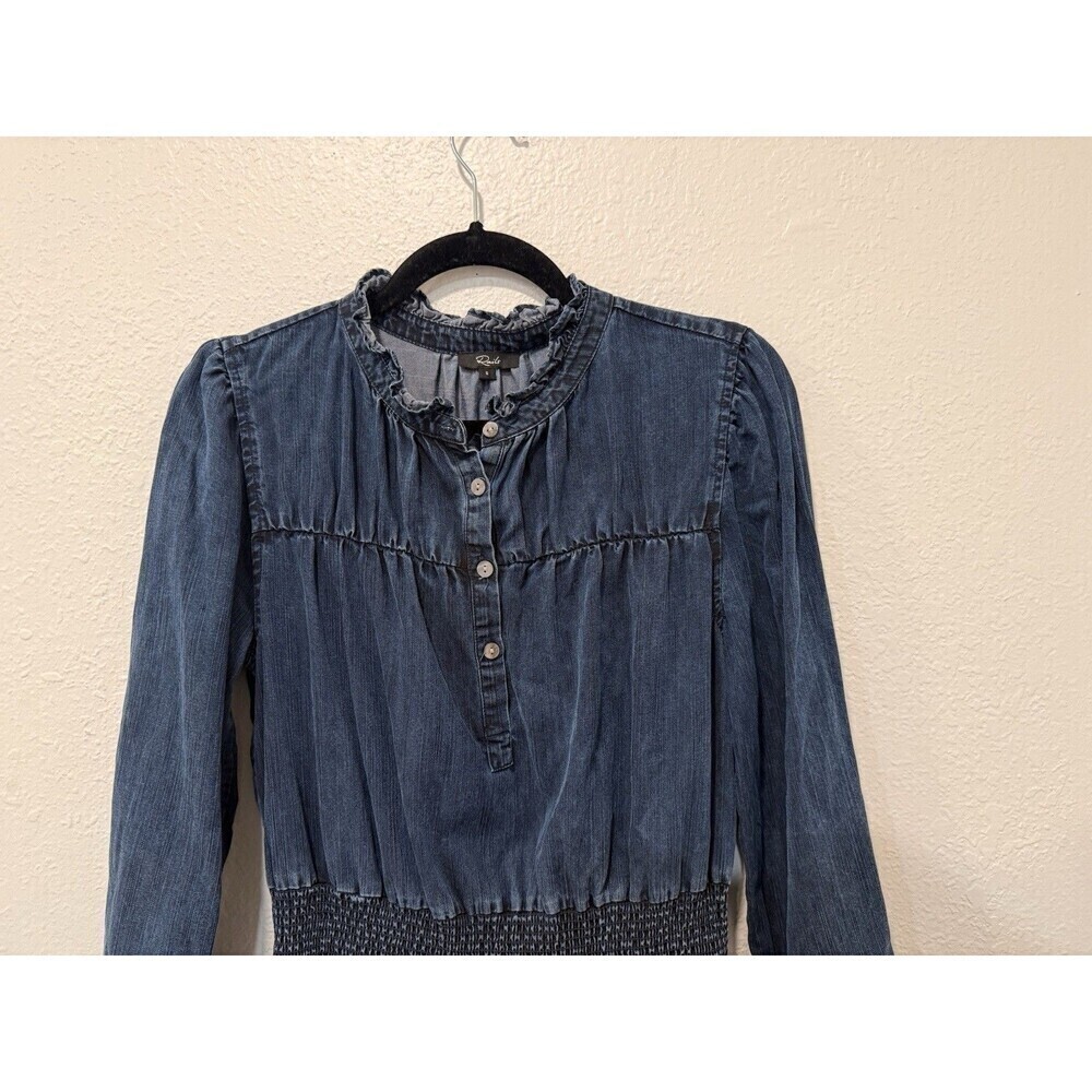 Rails Amina Smocked Flutter Sleeve Chambray Mini Dress Dark Vintage Flouncy Sz S - Picture 4 of 8